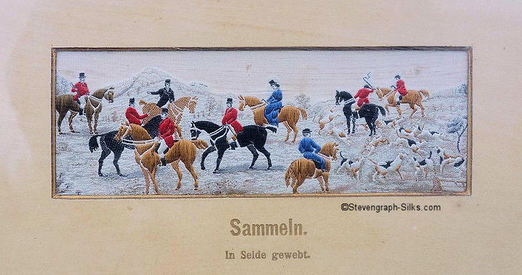 Image of the groups of horses, riders and fox hunting hounds, waiting to start the hunt, with German words, Sammeln, printed on card mount