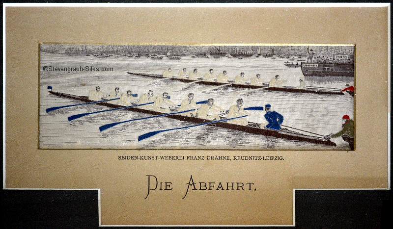 Oxford and Cambridge University's boat race start, with German title, Die Abfahrt