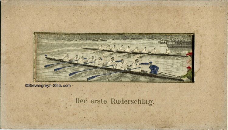 Oxford and Cambridge University's boat race start, with German title, Der Erste Ruderschlag