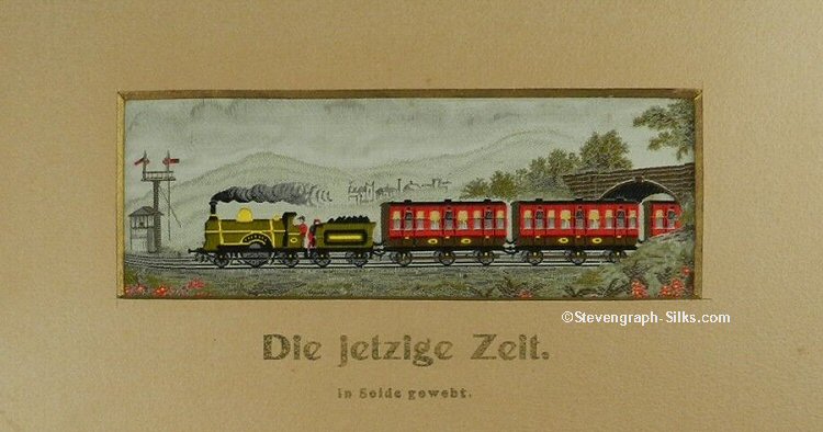 Image of steam train with two and a quarter carriages, approaching a signal, and with German title, Die jetzige Zeit, printed on card mount