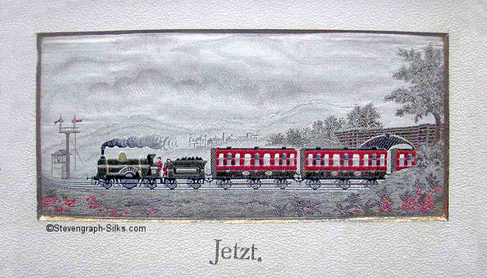 Image of steam train with two and a quarter carriages, approaching a signal, and with German title, Jetzt, printed on card mount