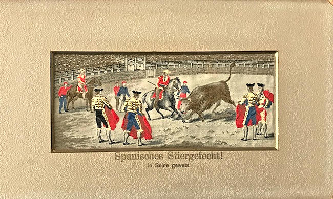 Image of bullfighters and bull in a ring, with German title, Spanisches Stiergefecht!, printed below
