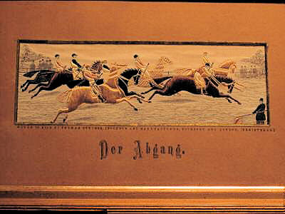 Image of horses eager to get away at the start of a race, with German words, Der Abgang, printed on card mount