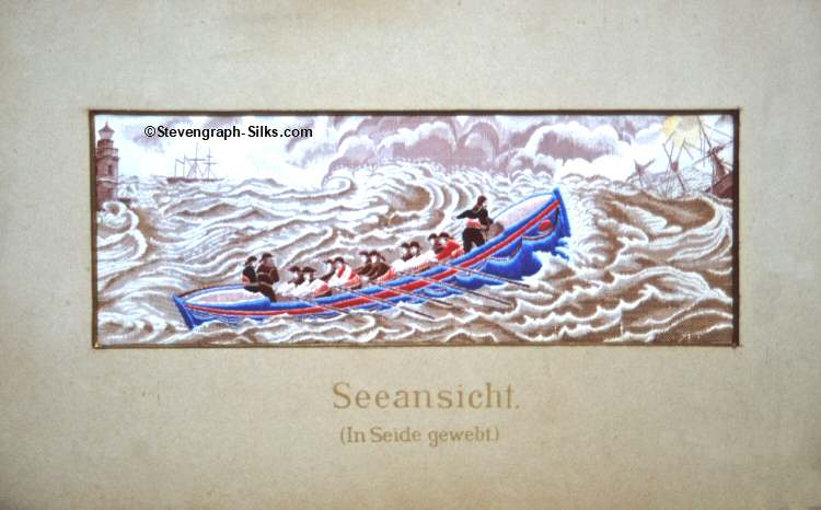 Stevens silk picture of boat being rowed out to rescue survivors from a wreck, with German language title, Seeansicht, printed on card