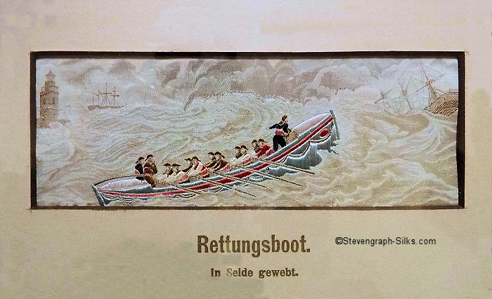 Stevens silk picture of boat being rowed out to rescue survivors from a wreck, with German language title, Rettungsboot