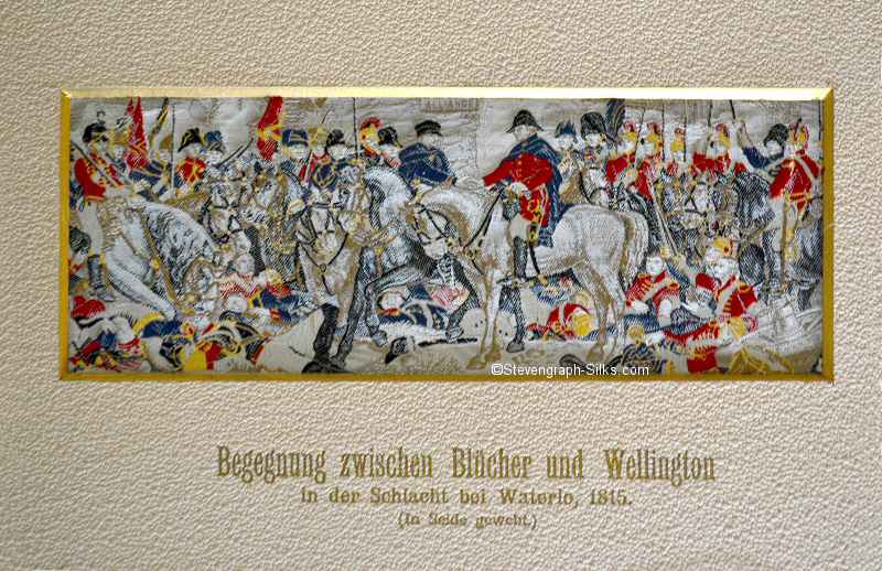 >Blucher and Wellington meeting at the battle of Waterloo, with German title, Begegnung zwischen Blücher und Wellington, printed on cardboard matt.