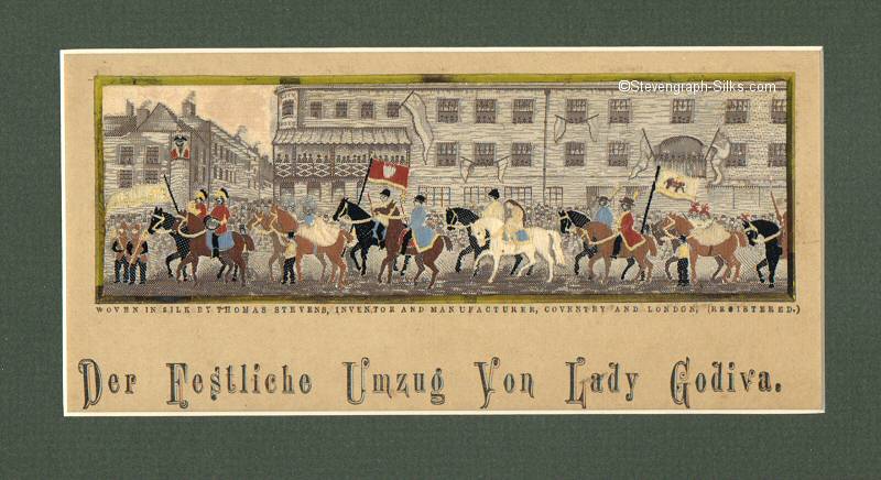 >Lady Godiva Procession through the streets of Coventry, England, with German title, Der Festliche Umzug Von Lady Godiva, printed on cardboard matt.