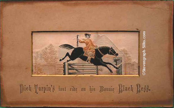 Image of Dick Turpin jumping a toll gate on his horse Black Bess, with no signpost