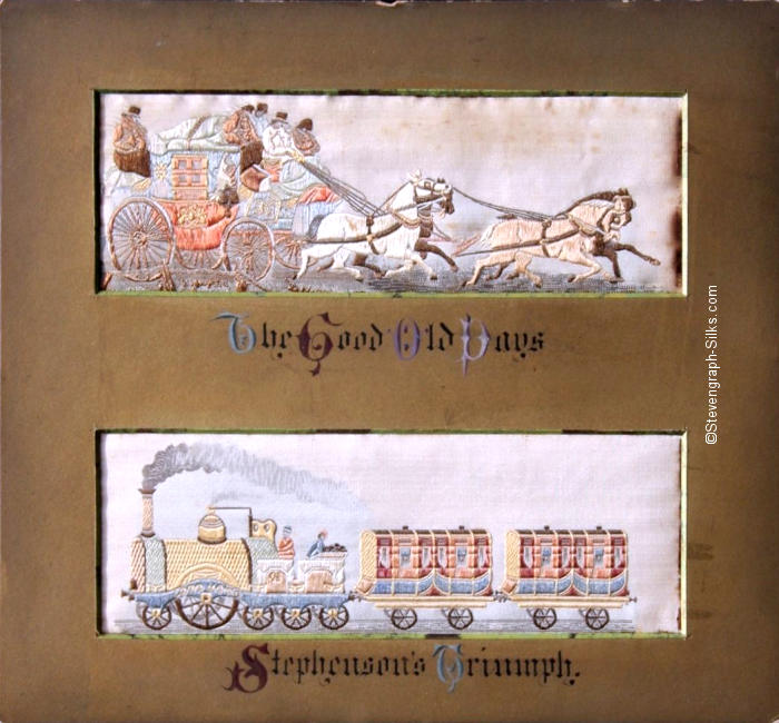 Image of two silks in one frame, being st260-The Good Old Days, without the winter background, and st564-Stephenson's Triumph.