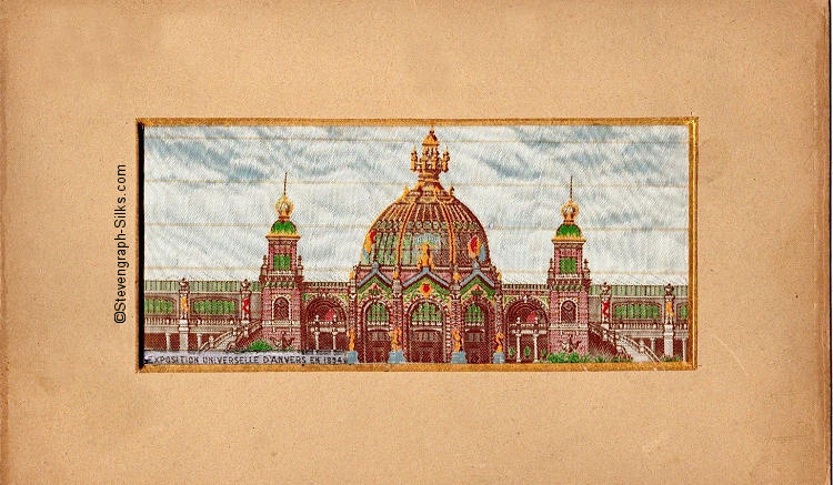 Image of main building of the Exposition, with title woven in bottom left corner