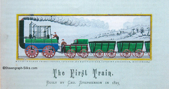 Stephenson's first steam engine, with tender and two and a half carriages