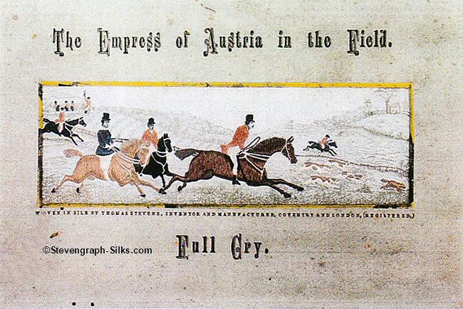 Group of horse riders and hounds chasing a fox, with overprinted title above mounted silk