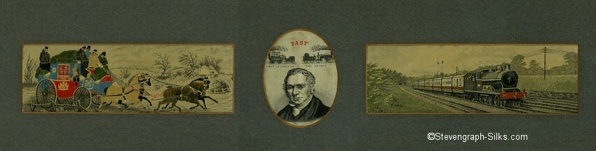 Three Stevens silk in one card-mount; The Good Old Days, George Stephenson and The Present Time