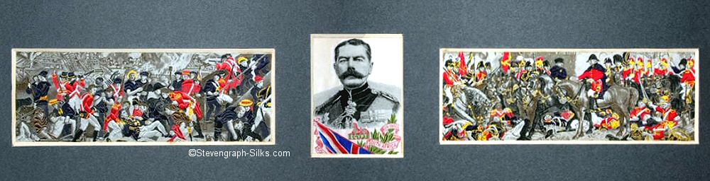 Image of three silks, being st384-The Death of Nelson, so344-Kitchener, and st612-Wellington & Blucher