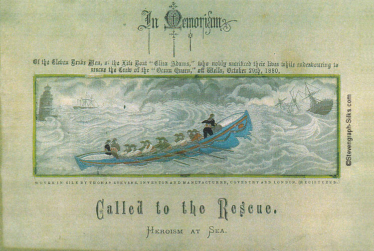 Life boat with 10 oarsmen and 3 rescuers in a wild storm, going to a sinking boat, with additional wording 'In Memoriam' printed above silk)