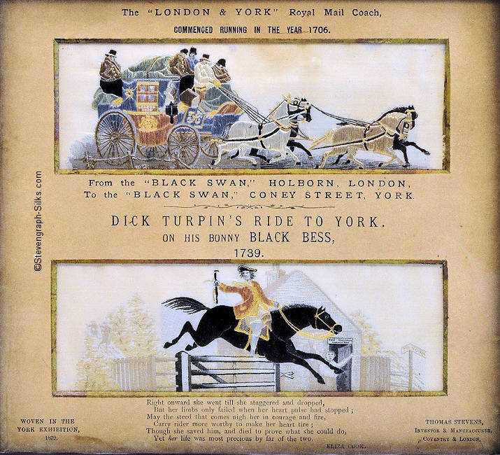 Image of two silks in one frame, being st260-The Good Old Days, without the winter background, and st152-Dick Turpin's ride to York, with 6 line poem.