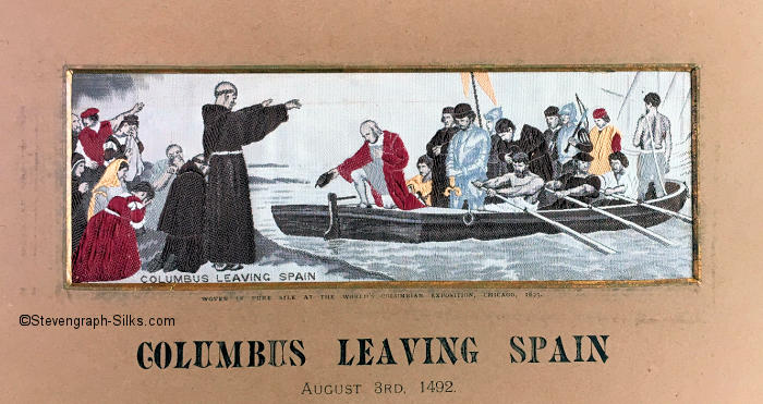 same picture of priest blessing Columbus and his crew in their row boat, but with different words printed on the card mount