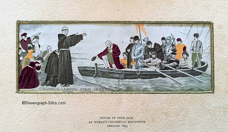 Image of priest blessing Columbus and his crew in their row boat, with relatives looking on