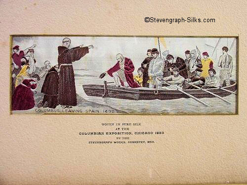 same picture of priest blessing Columbus and his crew in their row boat, with relatives looking on, but with different wording printed on card