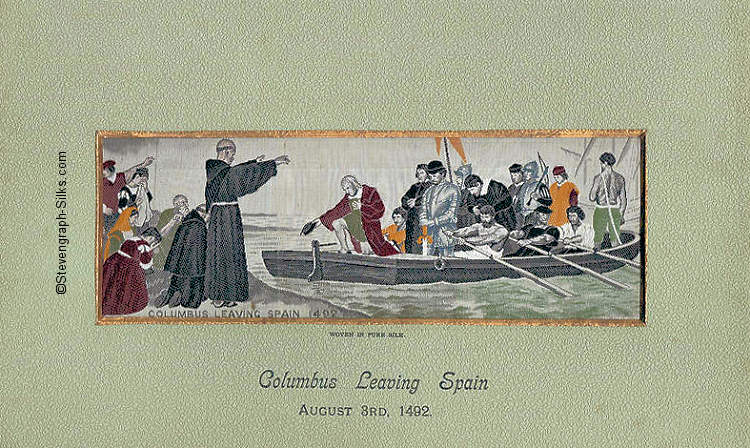 Priest blessing Columbus and his crew in their row boat, with relatives looking on