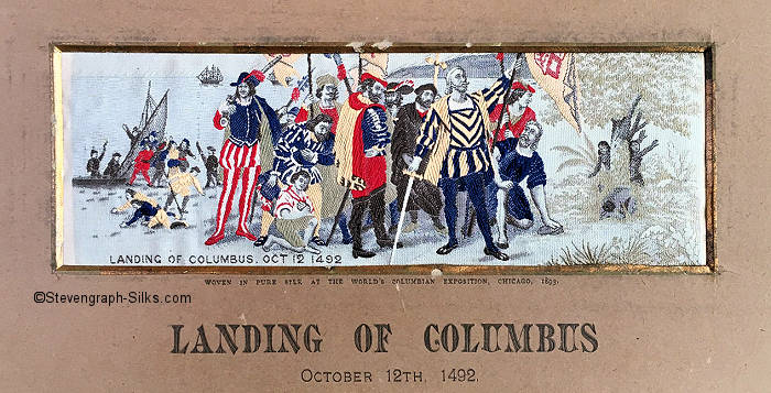same picture of Columbus raising national standard on beach, with his crew enjoying firm land beneath their feet, but with different words printed on the card mount