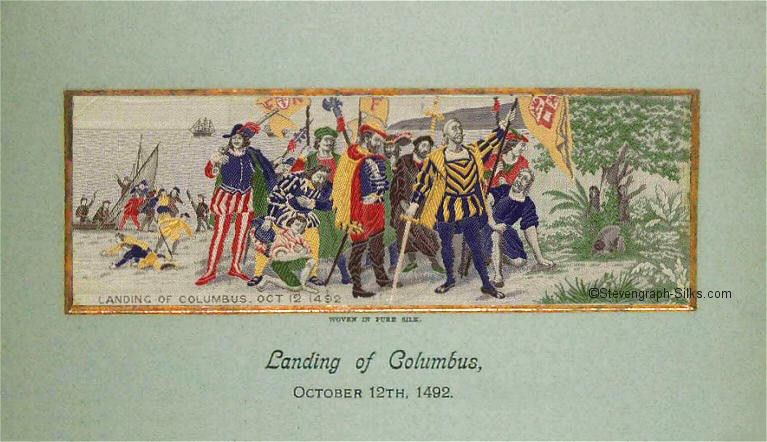 Columbus raising national standard on beach, with his crew enjoying firm land beneath their feet