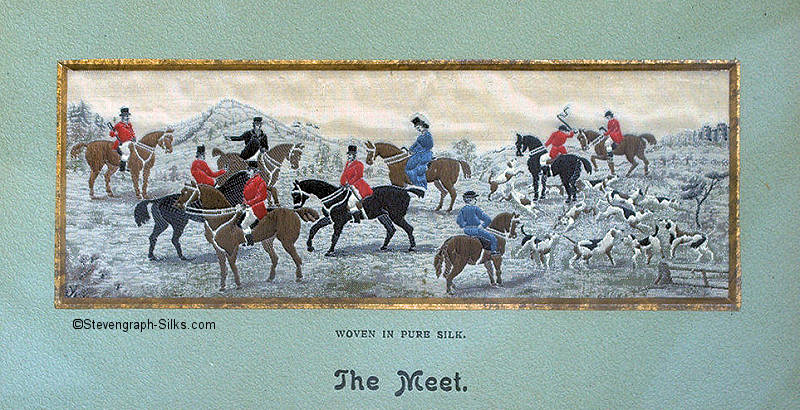 Fox hunters collecting with horses and hounds, waiting for the off