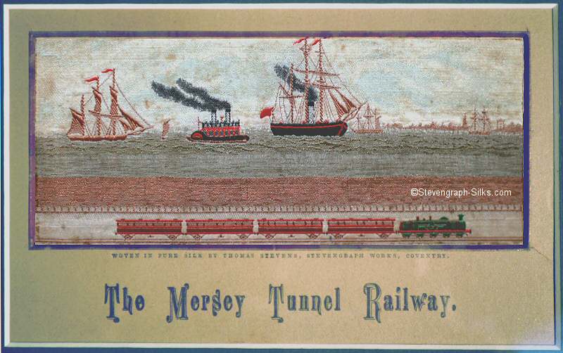 Image of train running through tunnel, ships on the Mersey river above the tunnel, and small paddle steamer making a lot of smoke