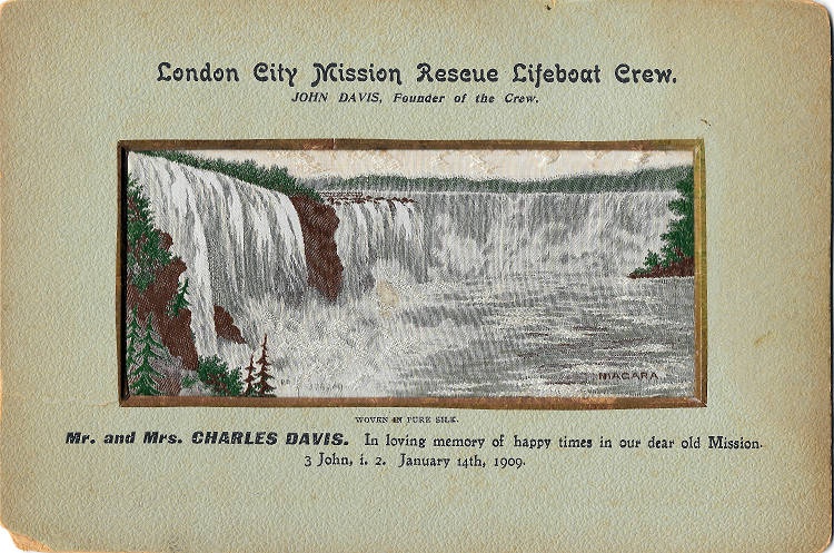 view of Niagara Falls, with additional 'London City Mission Rescue Lifeboat Crew' wording printed above silk