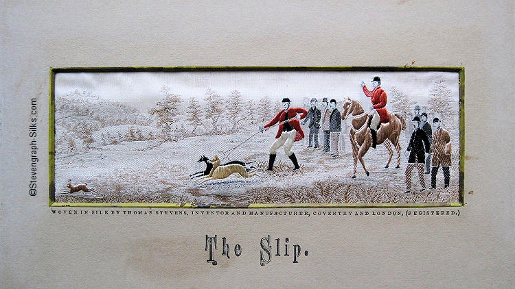 Image of man releasing two dogs so they can chase a hare, and various onlookers. One dog's head is set back.