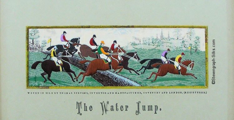 Seven horses and jockeys jumping over a hedge
