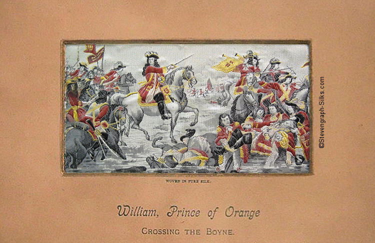 Image of William on horseback leading his troops over the Boyne