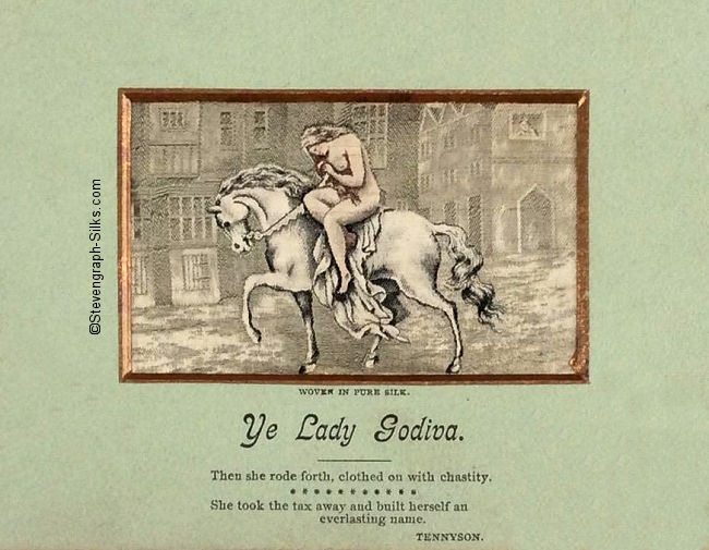 Image of Lady Godiva on hordeback, Peeping Tom inwindow, and short extract of Tennyson poem