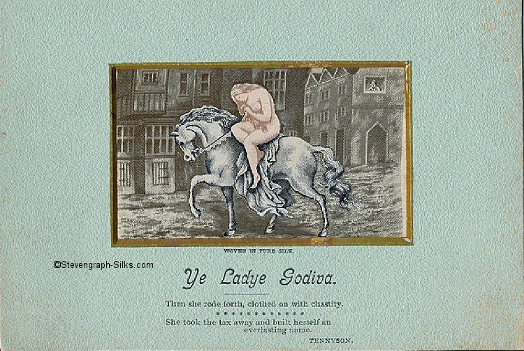 Image of Lady Godiva on hordeback, Peeping Tom inwindow, and short extract of Tennyson poem