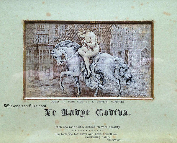 Lady Godiva rides bareback through the streets of Coventry, with no Peeping Tom in sight, but with poem printed on bottom of card mount