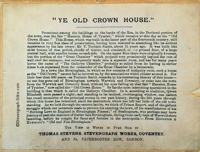 image of usual story back label on the picture of the Old Crown House.
