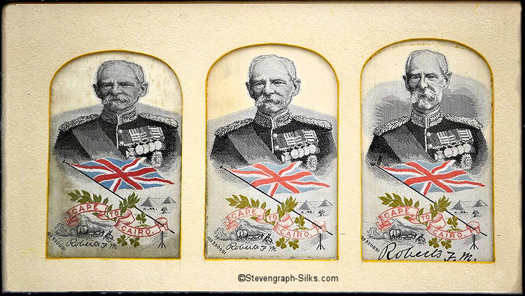 Three portraits of Roberts, with different sized woven portraits and different signature sizes