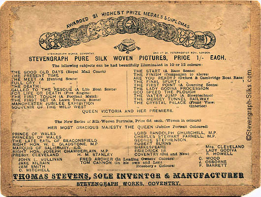 standard Stevens advertising lable on reverse of silk above on the right