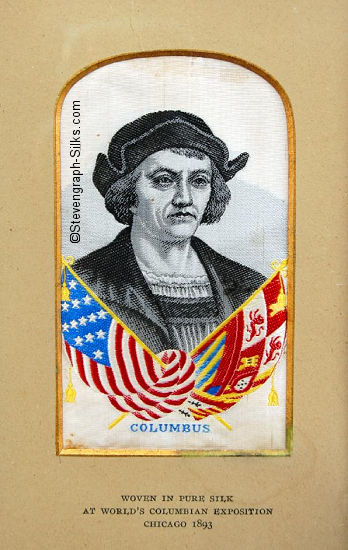 Image of Columbus with crossed flags, woven at the Columbian Exposition, 1893