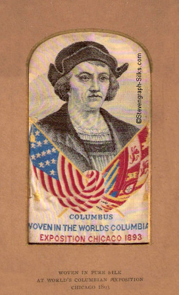 Image of Columbus with crossed flags, woven at the Columbian Exposition, 1893