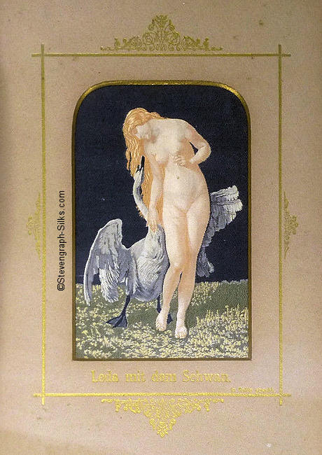 Image of Leda and a white swan with spread wings, and German language title