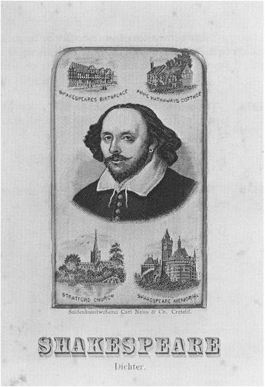 Image of William Shakespeare, with four views of Stratford on Avon