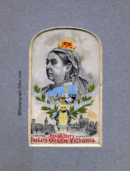 Image of Queen Victoria with ribbon and buildings. Words beneath portrait woven in red silk.