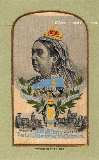 Image of Queen Victoria with ribbon and buildings.  Words beneath portrait woven in blue silk.