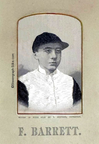 Image of the jockey Fred Barratt, except on this version, his name is spelt with an "E", that is "BARRETT"