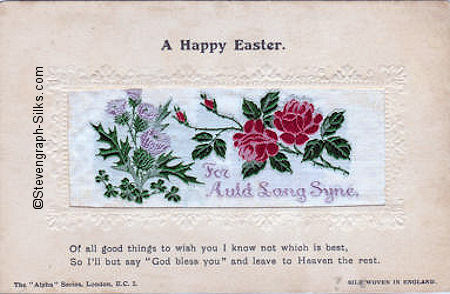 Alpha series postcard with woven FOR AULD LANG SYNE words, with printed title and words below silk