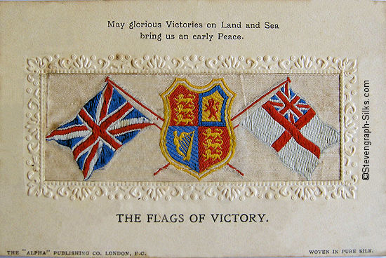 Alpha series postcard with woven flags and words above and below silk panel