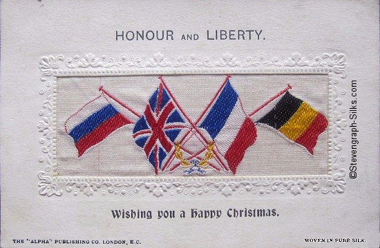 Alpha series postcard with woven flags and words above and below silk panel