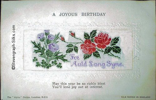 Alpha series postcard with woven FOR AULD LANG SYNE words, with printed title and words below silk