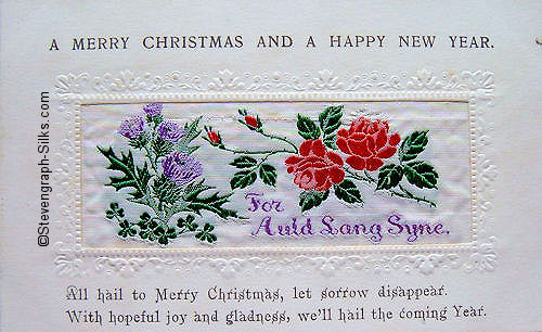 Alpha series postcard with woven FOR AULD LANG SYNE words, with printed title and words below silk